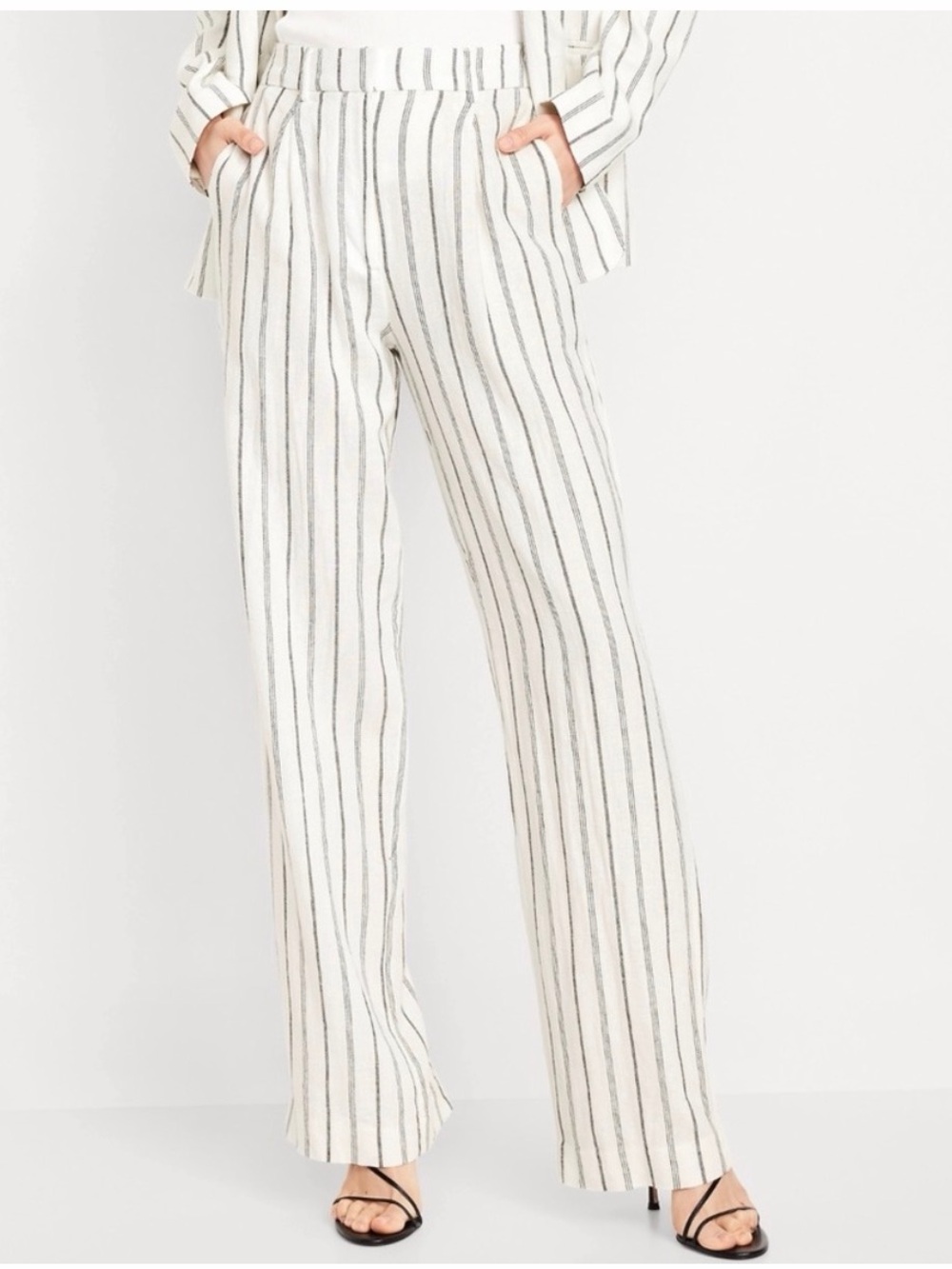 Old Navy Linen Blend Taylor Wide Leg Pants Stretch Pockets White/Black small